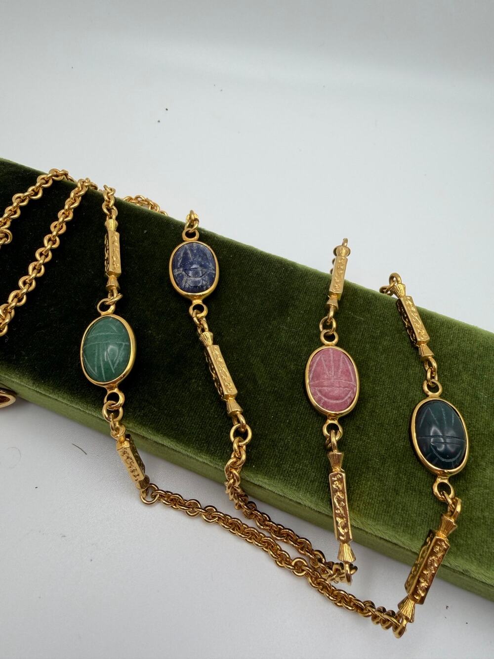 Long vintage Egyptian Revival multi-gemstone scarab station chain necklace